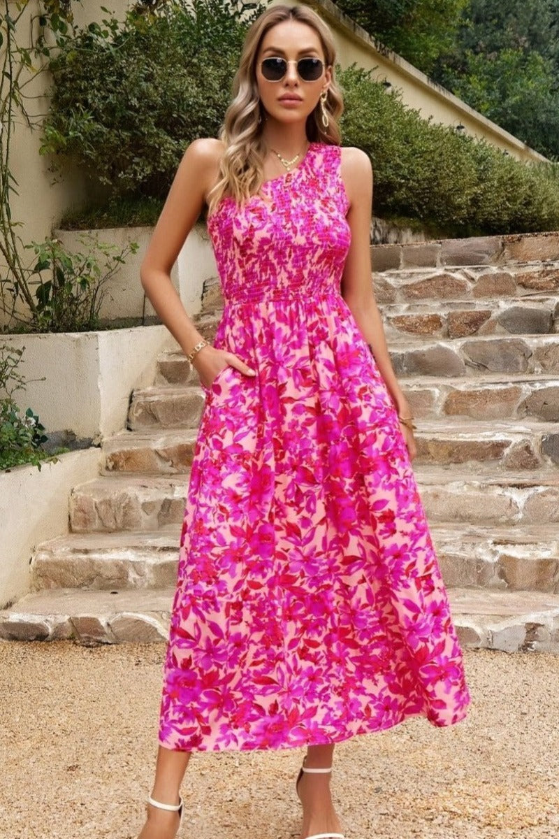 Cleo Floral One Shoulder Midi - Pink - LAST ONE