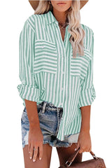 Jewel Striped Roll Up Sleeve Shirt - Green