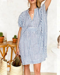 Eva Striped Short Sleeve Beach Dress - Blue