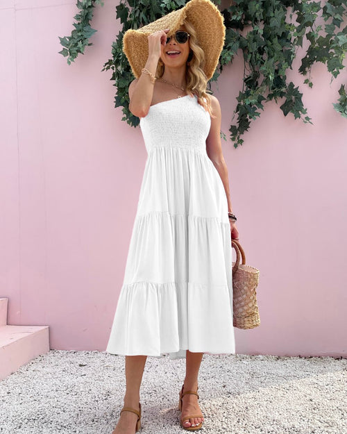 Grace One Shoulder Midi Dress - WHITE