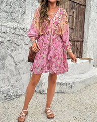 Georgia Floral Drawstring Dress - Pink - LAST ONE