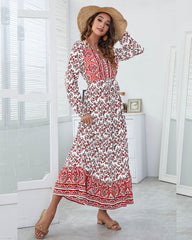 Lauren Long Sleeve Floral Maxi Dress - Red