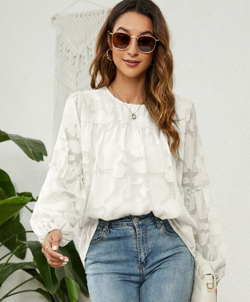 Ellie Textured Floral Long Sleeve Top - White